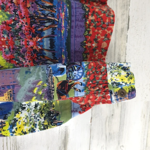 TAKE TWO Colorful Cityscape Denim Jacket WOMENS SIZE LARGE W/POCKETS 100% COTTON - Picture 7 of 16